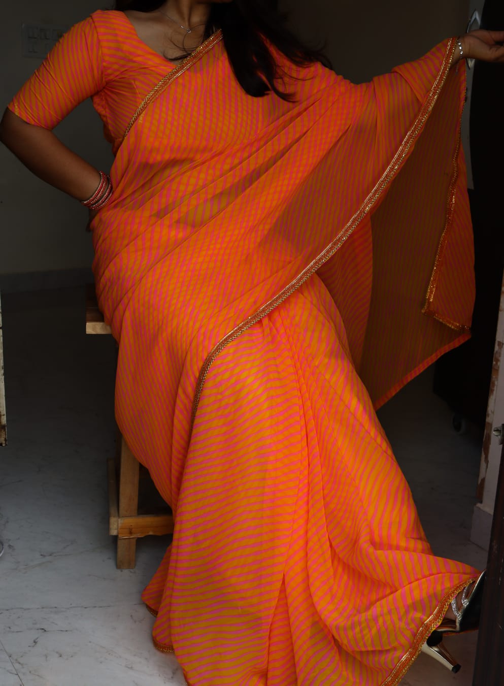 Premium Orange Pink Striped Saree with Golden Border - Image 3